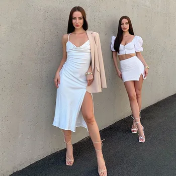 NewAsia White Leopard Party Dress Women Spaghetty Straps Cross Backless Side High Split Sexy Dress Elegant Midi Dresses 2020 New