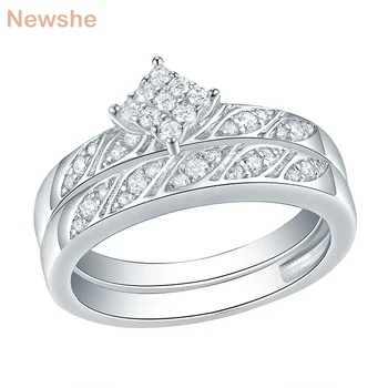 Newshe 2 szt obrączki dla kobiet 925 srebro próby cięcia okrągły AAA CZ romb forma wieczność pierścionek zaręczynowy zestaw