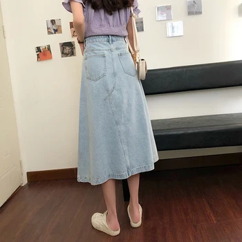 Niebieska jeansowa spódnica kobiety 2020 koreański styl vintage, długie jeans spódnica casual Wysoka linia Talii długie spódnice dla kobiet(78373
