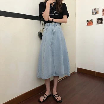 Niebieska jeansowa spódnica kobiety 2020 koreański styl vintage, długie jeans spódnica casual Wysoka linia Talii długie spódnice dla kobiet(78373