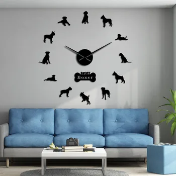 Niemiecki bokser pies nowoczesne oversize zegar ścienny DIY Big Needle Time Clock bezramowe Deutscher Boxer Duże ścienne artystyczne dekoracje