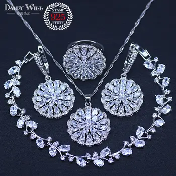 Niesamowite handmade kobiety Biały Cyrkon srebrny kolor zestawy biżuterii bransoletki naszyjnik, pierścionki kolczyki z kamieniami zestaw biżuterii
