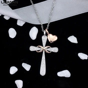 Nieskończoność krzyż naszyjnik z miłością serce wisiorek krzyż wisiorek cyrkonia Crist biżuteria dla kobiet