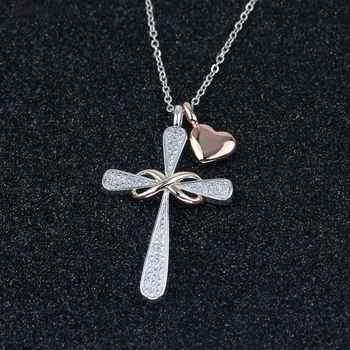 Nieskończoność krzyż naszyjnik z miłością serce wisiorek krzyż wisiorek cyrkonia Crist biżuteria dla kobiet