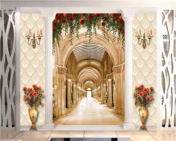 Niestandardowe 3D, malowidła ścienne tapety europejski styl hall korytarz miękka paleta kolumna Róża winorośl Wazon tło ściany, tapety 3d