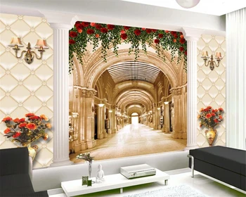 Niestandardowe 3D, malowidła ścienne tapety europejski styl hall korytarz miękka paleta kolumna Róża winorośl Wazon tło ściany, tapety 3d