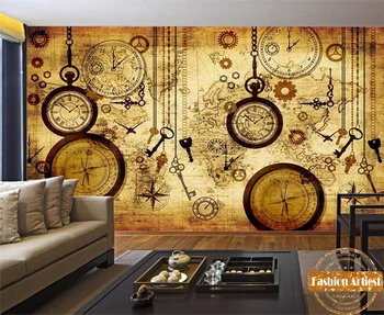 Niestandardowe rocznika podróży mapa świata tapety zegar ścienny klucz kompas zegarek kieszonkowy telewizor sofa sypialnia miejsce wypoczynkowe, kawiarnia-bar, restauracja