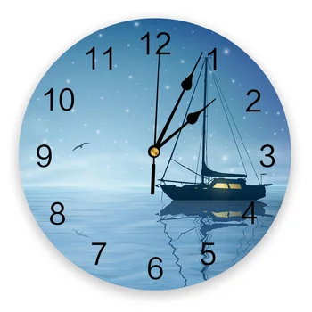 Noc, Niebo, Gwiazdy, Ptaki, Morze, Żeglarstwo Drukowanie Zegar Ścienny Nowoczesny Uchwyt Sztuka Ciche Zegar Ścienny Salon Domowy Wystrój Świąteczny Prezent