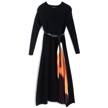Nowa Jesień Zima moda damska gradientu koloru sukienki swetry elegancki długi rękaw OL Midi z dzianiny pas startowy Vestidos