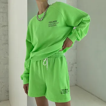 Nowa moda osobowość fluorescencyjny kolor List drukowania codzienny luźny sweter z długim rękawem i spodenki odzież sportowa dziewczyna zestaw