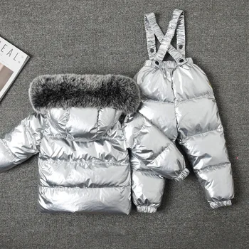 Nowa rosyjska zima Lisie futro dziewczyny chłopcy grubsze kurtki dziecięce zimowe kombinezony zimowe dla dzieci Утиные kurtki+kombinezony 2 szt.