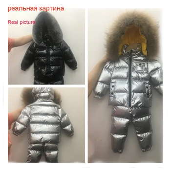 Nowa rosyjska zima Lisie futro dziewczyny chłopcy grubsze kurtki dziecięce zimowe kombinezony zimowe dla dzieci Утиные kurtki+kombinezony 2 szt.