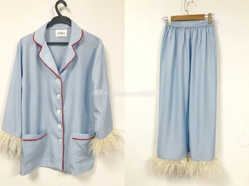 Nowa śliczna jedwabna, bawełniana, lekka luksusowy piżama z strusiej wełny garnitur-dwójka