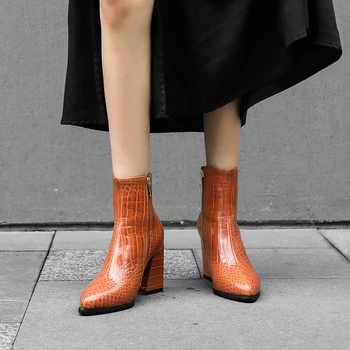 Nowe botki z imitacji skóry, Dla Kobiet, Jesień Zima ostry klin buty na wysokim obcasie zamek-modne buty u817