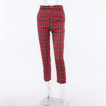 Nowe czerwone w kratkę spodnie Kobiety Casual Wysoka Talia zamek Fly chudy długi ołówek Lady elastyczne spodnie cienkie bawełniane spodnie PT231