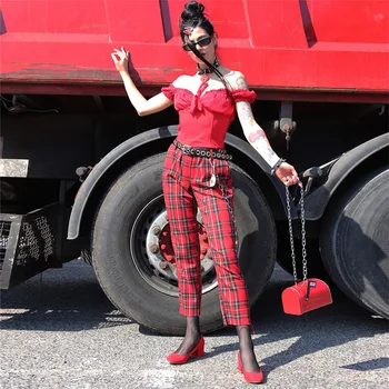 Nowe czerwone w kratkę spodnie Kobiety Casual Wysoka Talia zamek Fly chudy długi ołówek Lady elastyczne spodnie cienkie bawełniane spodnie PT231