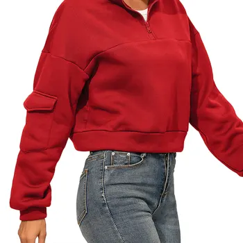 Nowe Damskie bluzy 2020 moda jednolity kolor z długim rękawem z kieszenią damska V-neck na zamek Sweter dla Спинга jesień