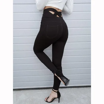 Nowe damskie elastyczne legginsy, na zamek, z wysokim stanem Damskie czarne spodnie o długości do kostek spodnie Slim Fit, wąskie spodnie SJ4819C