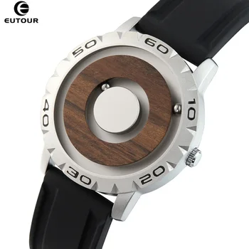 Nowe drewniane męski zegarek kwarcowy magnetyczny stalowej kuli nie pokazują stół lustro koncepcja silikonowy pasek dotykowy, aby uzyskać zegar czasu ślepy E031