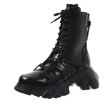 Nowe skórzane botki dla kobiet motocyklowe czarne buty Damskie buty na platformie zimowe buty na grubym obcasie botki skóra lakierowana