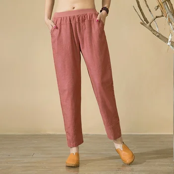Nowe spodnie damskie bawełniane, lniane spodnie wiosna lato casual kieszenie, elastyczny pas proste spodnie o długości do kostek plus rozmiar 5XL