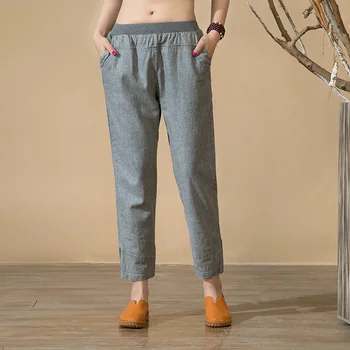 Nowe spodnie damskie bawełniane, lniane spodnie wiosna lato casual kieszenie, elastyczny pas proste spodnie o długości do kostek plus rozmiar 5XL