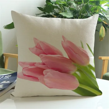 Nowoczesny Country Styl Różowy Kwiat Tulipan Lniana, Bawełniana Poszewka Dekoracyjna Sofa Fotelik Poszewka Tekstylia