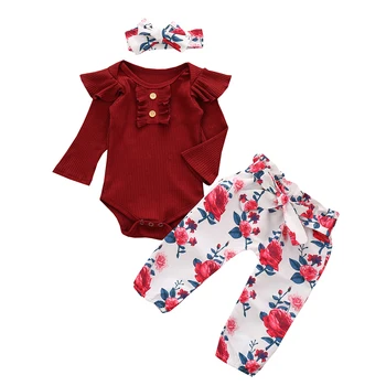 Noworodki dziewczynki 3-częściowy zestaw ubrań z długim rękawem kombinezon+kwiatowy print spodnie+opaska na głowę jesień Baby Girl ubrania zestaw