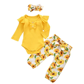 Noworodki dziewczynki 3-częściowy zestaw ubrań z długim rękawem kombinezon+kwiatowy print spodnie+opaska na głowę jesień Baby Girl ubrania zestaw
