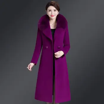 Nowy 2018 Kobiety długi płaszcz moda faux futro kołnierz stałe wysokiej jakości damskie płaszcze zimowe duży rozmiar ogrzać wełniane płaszcze