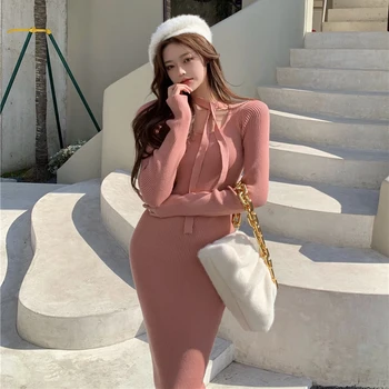Nowy 2020 Jesień Zima Długi Sweter Sukienka Kobiety Różowy Lub Czarny Kolor Żebra Dzianiny Maxi Ołówek Sukienki Damskie Z Kokardą Sprzedaż