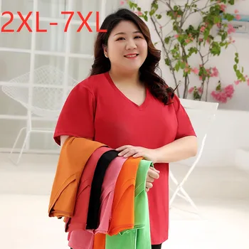 Nowy 2021 koreański styl lato plus rozmiar bluzki dla kobiet wielki wolny krótki rękaw bawełna czerwony V-neck t-shirt 3XL 4XL 5XL 6XL 7XL