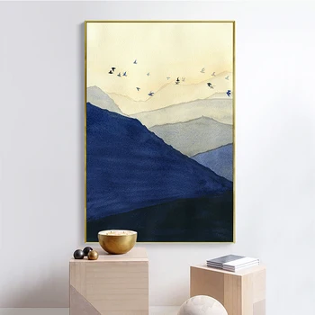 Nowy chiński styl niebieski czarny Górski plakat na płótnie Malarstwo nowoczesne krajobrazu drukowanie do salonu wystrój domu
