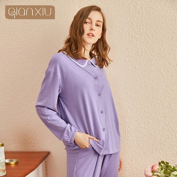 Nowy jesienny bawełna lapel przyciski z długim rękawem piżamy strój wygodny i łatwy naturalny strona ubrania dla kobiet