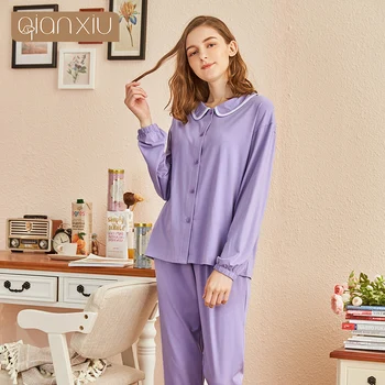 Nowy jesienny bawełna lapel przyciski z długim rękawem piżamy strój wygodny i łatwy naturalny strona ubrania dla kobiet
