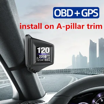 Nowy OBD2+GPS HUD komputer pokładowy A-filar wykończenie ustawić samochód HUD gadżet RPM Turbo ciśnienia oleju i temperatury wody. Prędkościomierz GPS