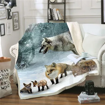 Nowy wilk koc mężczyźni 3D kreskówka Sherpa koc podwójny gruby aksamit ciepły Super miękka flanela biuro stos koc sofa pościel 009