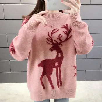 Nowy Zimowy Modny Sweter Jeleń Śnieżynka Boże Narodzenie Sweter Kobiecy Płaszcz Długa Wełniana Вязаное Koreańskie Wolnego Kobiecy Sweter Swetry