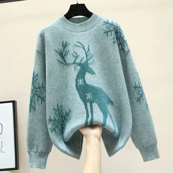 Nowy Zimowy Modny Sweter Jeleń Śnieżynka Boże Narodzenie Sweter Kobiecy Płaszcz Długa Wełniana Вязаное Koreańskie Wolnego Kobiecy Sweter Swetry