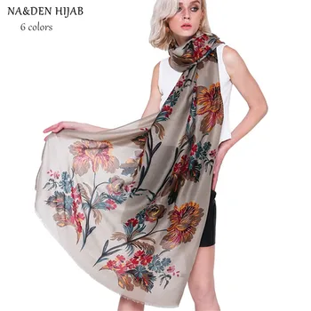 Nowy złoty kwiat długi szalik jedwabny szal w luksusowym stylu muzułmański print hidżab damskie szale szal marki owinąć miękki tłumik islamskie chusty
