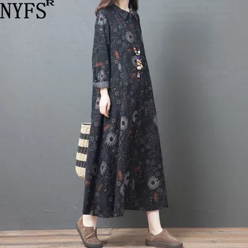NYFS 2020 New Autumn Woman Dress Loose Vintage Cotton Printing long Dress vestido de mujer Robe Elbise kobieca sukienka