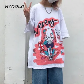 NYOOLO Harajuku kreskówka zły dziewczyna drukowania z krótkim rękawem t-shirt odzież Damska letnia ulica temat O-neck punk hip-hop t-shirt topy