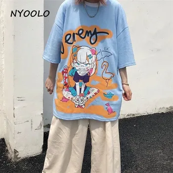 NYOOLO Harajuku kreskówka zły dziewczyna drukowania z krótkim rękawem t-shirt odzież Damska letnia ulica temat O-neck punk hip-hop t-shirt topy