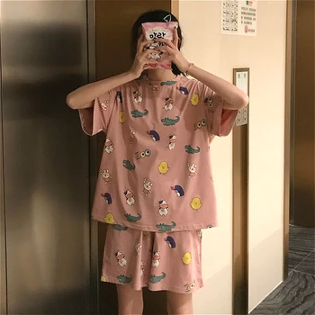 Od Piżamy Komplety Damskie Letnie Świeże Kawaii Rainbow Printed Ins Oddychającym Femme Nightwear Modne Wygodne Temat Dziewczyny Piżamy