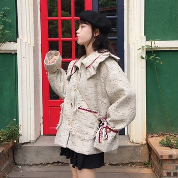 Odzież damska japoński miękki dziewczyna college styl lalka kołnierz codzienny luźny sweter kurtka Jesień Zima słodki, uroczy, dziewczyna płaszcz