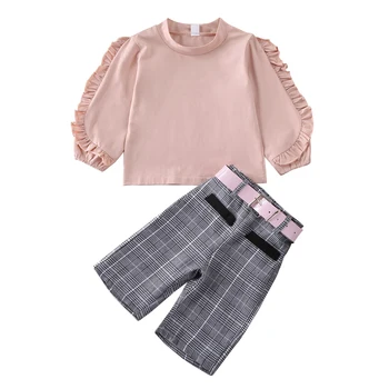 Odzież dla dzieci 2020 Cute Baby Girl Kid Ruffles Solid Long Sleeve z Kapturem + komórkowe spodnie + pas odzież 3szt