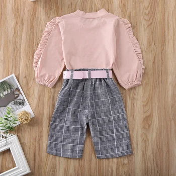 Odzież dla dzieci 2020 Cute Baby Girl Kid Ruffles Solid Long Sleeve z Kapturem + komórkowe spodnie + pas odzież 3szt