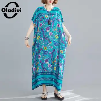 Oladivi Oversize Plus Size Women Fashion Print Summer Bohemian Maxi Long Dress Casual Loose Ladies Holiday Beach Wear Dresses