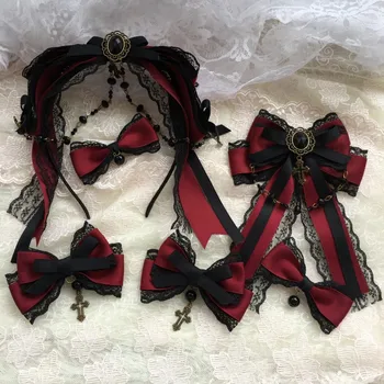 Oryginalne akcesoria do włosów Lolita KC Gothic Wind Red Diablo Black Lace Trim w Sukni Vintage Gorgeous Gem Chain Cross nakrycie głowy