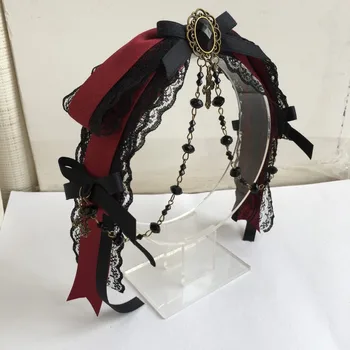 Oryginalne akcesoria do włosów Lolita KC Gothic Wind Red Diablo Black Lace Trim w Sukni Vintage Gorgeous Gem Chain Cross nakrycie głowy